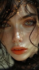 Close-Up Portrait of a Woman with Green Eyes and Orange Lips