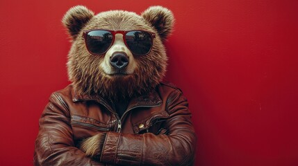 A bear wearing sunglasses and a leather jacket poses against a vibrant red background, embodying a humorous and creative vibe.