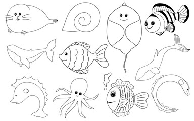 Hand Drawing line art of underwater life with Whales, fish, eels, shellfish, rays, seals, seahorses, squid