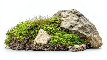 Moss-Covered Rock Formation with Small Rocks and Grass