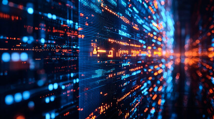 Fototapeta premium Abstract digital data stream with glowing blue and orange lines and dots on a black background.