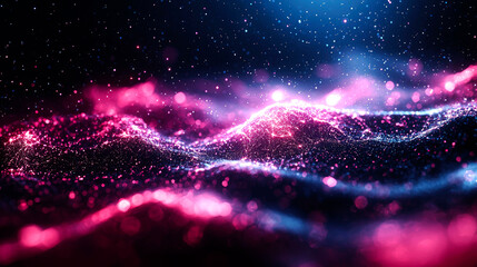 Fototapeta premium Abstract digital landscape with glowing pink and blue particles in a dark background.