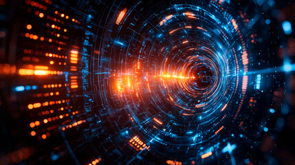 Abstract digital tunnel with glowing lights and particles.