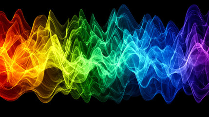 Abstract rainbow wave pattern on black background.