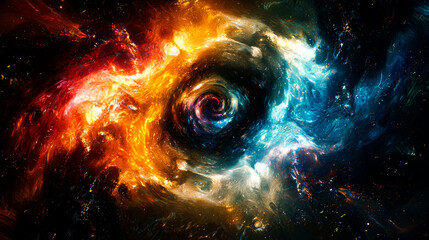 Abstract swirling nebula with red, orange, blue, and white hues.