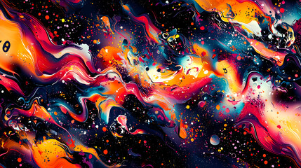 Abstract swirling pattern with vibrant colors and scattered dots on a black background.