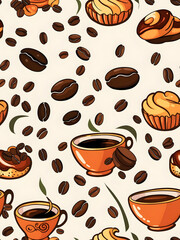 Fototapeta premium A delightful pattern showcasing warm cups of coffee and scrumptious pastries surrounded by aromatic coffee beans
