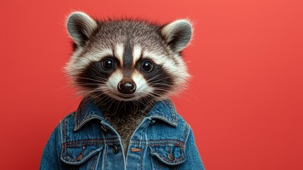 A cute raccoon dressed in a denim jacket against a bright red background. The raccoon's expressive eyes add charm and character to the playful scene.