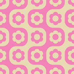 Pink flowers in 1960s, 1970s style on beige background. Seamless pattern with minimalistic pale pink and creamy checkered geometric background and daisies. Cute retro graphic design