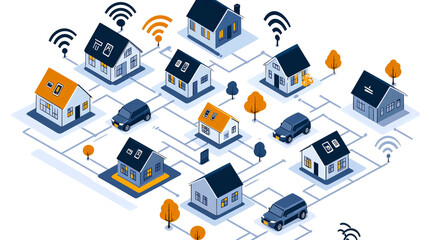 Obraz premium An isometric illustration of a neighborhood with houses connected by lines representing wifi networks.