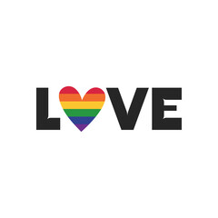 Greeting card for LGBTQIA on white background. Love text with heart in LGBT rainbow flag colors for social media post, poster, banner, print. Vector format
