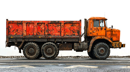 An orange and red dump truck is parked on a paved road with white markings. The truck is old and rusty and has several tires.