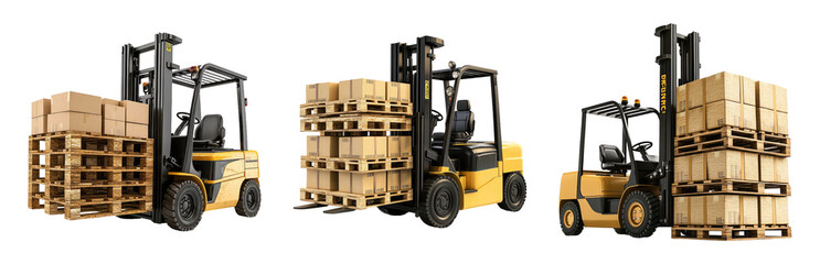Forklifts Handling Pallets in Warehouse Setting Isolated on Transparent Background