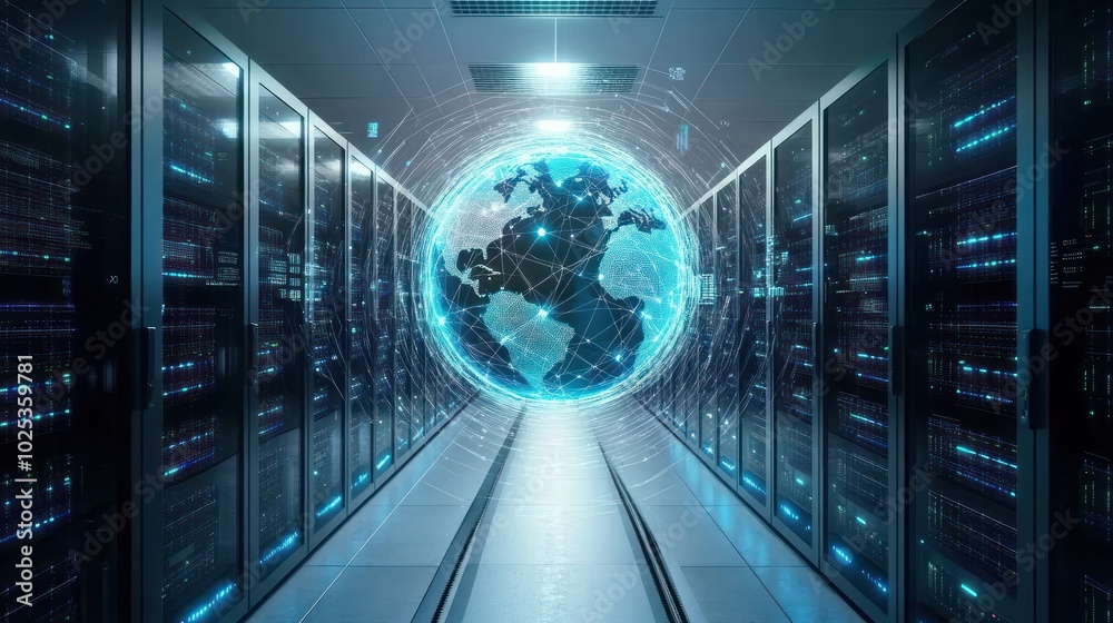 Aufkleber global network server room with holographic earth projection