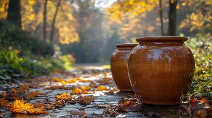 handmade pottery surrounded by trees and greenery for a tranquil and artistic nature inspired shot