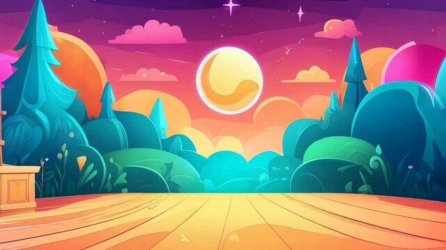 A colorful, whimsical scene of a stage with a moon and stars in the background. The stage is empty, but there is a bench and a tent in the foreground. Scene is playful and imaginative