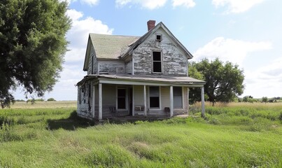 Obraz premium Old run down damaged abandoned house in rural agricultural setting