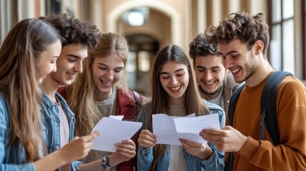 Group of students excitedly looking at exam results