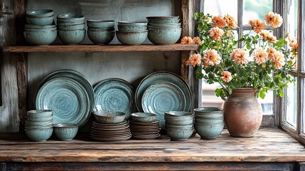 still life composition of sgraffito plates in a rustic farmhouse kitchen showcasing sgraffito plates arranged in a rustic farmhouse kitchen with warm lighting and earthy, textured details