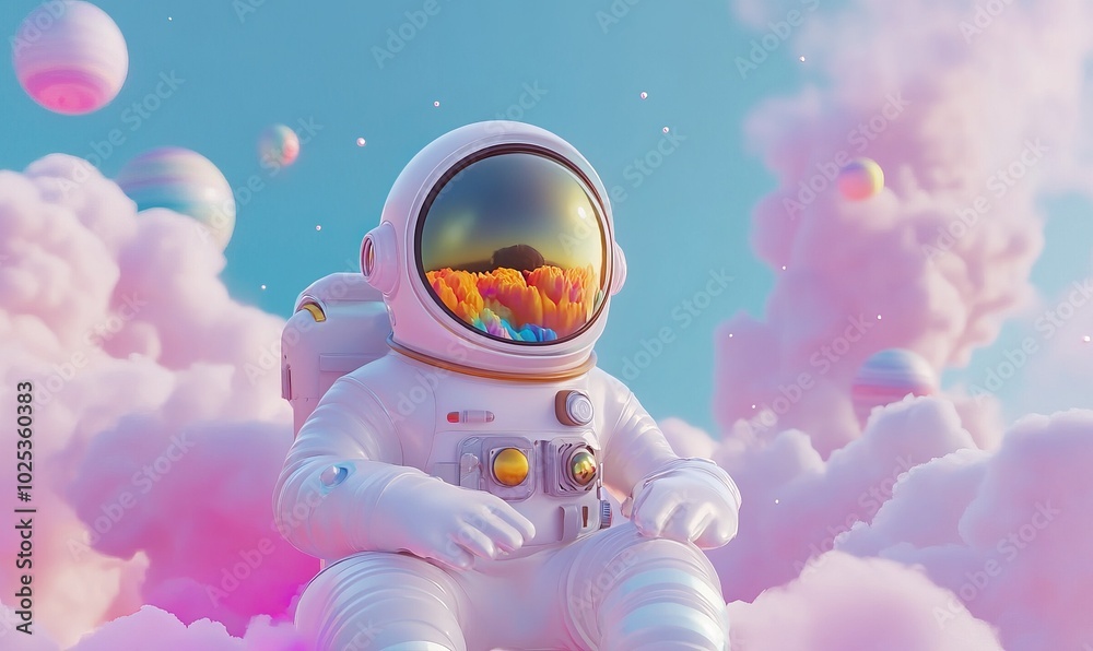 Poster playful astronaut character exploring a colorful, whimsical space environment with planets and cloud