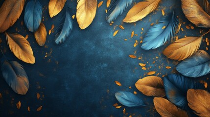Elegant artistic background featuring a mix of gold and blue feathers arranged on a dark textured surface, creating a luxurious and vibrant composition