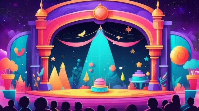 A colorful stage with a cake on it and a crowd of people watching. The stage is set for a performance, and the audience is eagerly waiting for the show to begin