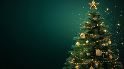 Beautifully decorated Christmas tree with golden ornaments and a star on top, surrounded by sparkling lights against a dark green background, with copy space