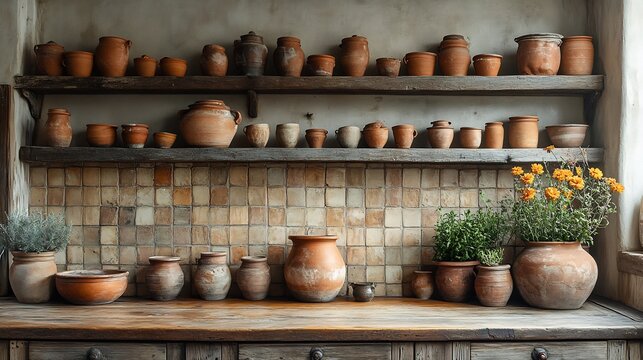 still life composition of terracotta pots a rustic farmhouse kitchen cozy and warm atmosphere with earthy tones natural textures and charming vintage accents creating a homely rustic scene