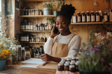 Young woman speaks on phone at herbal shop surrounded by plants and jars