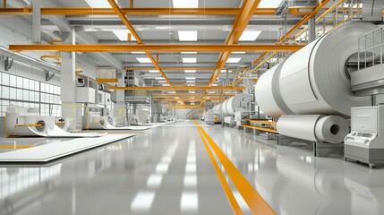 Fototapeta premium An Industrial Factory with Rolls of Paper and Yellow Beams