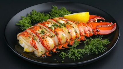 A cooked lobster tail with lemon and dill garnish on a black plate.