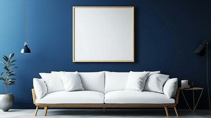 Stylish Scandinavian living room with a white couch and a blank poster framed on a navy blue wall.
