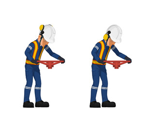 Set of worker is operating  the steering wheel on white background