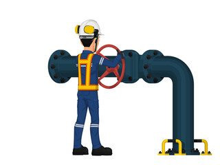 Set of worker is operating  the gate valve on white background
