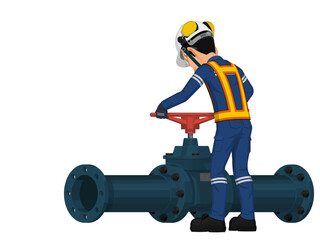 Fototapeta premium Set of worker is operating the gate valve on white background
