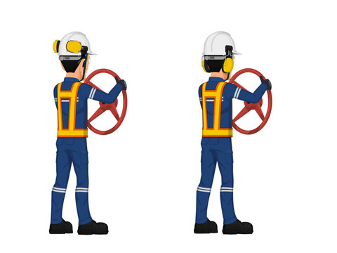 Set of worker is operating  the steering wheel on white background