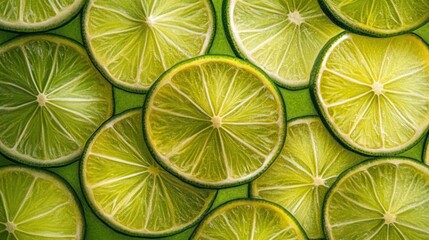 A flat lay of fresh lime slices, arranged in a symmetrical pattern, with a vibrant green hue.