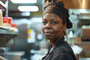 Fototapeta premium Middle aged adult african american female fast food worker
