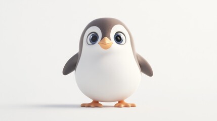 A cute, cartoon penguin with big eyes and a friendly expression stands against a white background.