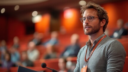Confident Speaker Engaged in Conference Presentation
