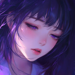 anime, girl, peaceful, dark hair, illustration, serene, beauty, calm, dreamlike, character, soft lighting, purple, artistic, tranquil, portrait, closed eyes, relaxed, fantasy, feminine, delicate, past