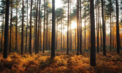 Fototapeta premium Photo of tall pine trees in a forest with sunlight filtering through, highlighting the autumn colors of orange and brown, providing a serene and peaceful atmosphere