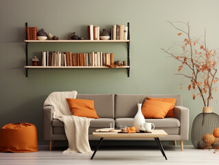 Scandinavian scandi modern minimalist cozy living room interior with fall decor. Neutral sage walls and couch with orange pillows