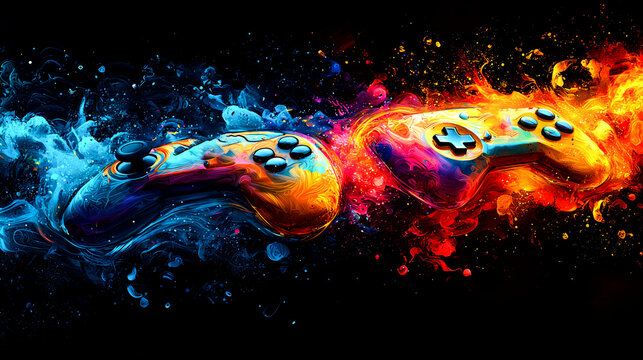 Two video game controllers, one blue and one red, surrounded by