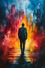 A man is walking down a staircase in a city. The city is filled with buildings and the sky is filled with smoke. The man is wearing a suit and he is in a hurry. The painting has a sense of urgency