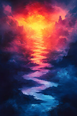 A painting of a river with a sun in the sky. The sky is filled with clouds and the sun is orange. The painting has a dreamy and peaceful mood