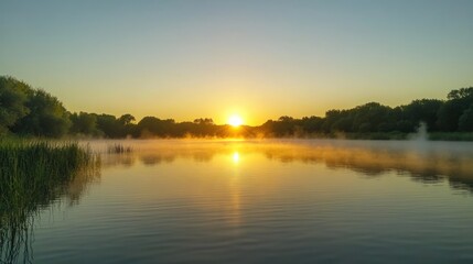 A serene sunrise over a misty lake, with golden light reflecting on the water's surface.