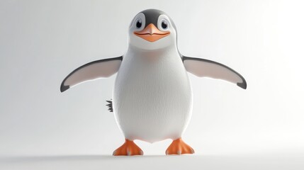 Fototapeta premium A cute cartoon penguin with big eyes and a smile stands on a white background with its wings spread.
