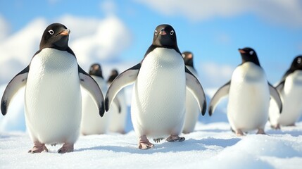 Obraz premium A group of penguins walks across the snow in Antarctica, with their black and white bodies contrasting against the bright blue sky.