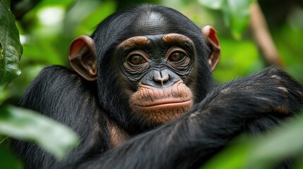 Fototapeta premium A playful bonobo in the jungle, captured in a natural habitat, showcasing its curiosity and agile movement among lush green trees and dense foliage. The bonobo exudes a sense of freedom and exploratio